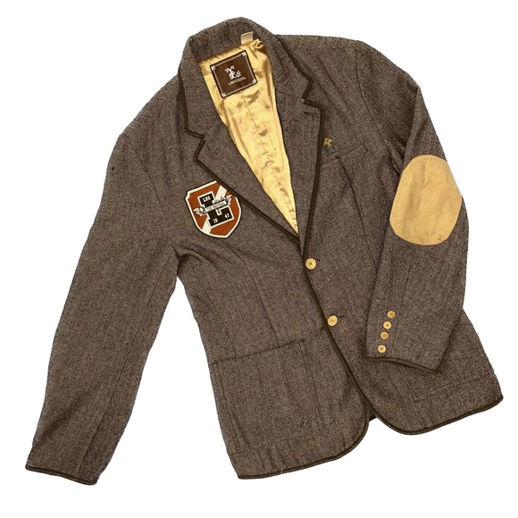 LRG Vintage Style Herringbone Tweed Academia Patch Blazer - Picture 5 of 11